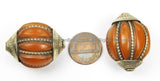 1 BEAD LARGE Melon-Cut Tibetan Amber Resin Tibetan Bead with Thick Metal Wires & Caps- TibetanBeadStore Ethnic Tribal Beads- B2898-1