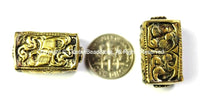 Repousse Carved Brass Rectangular Box Shaped Tibetan Bead with Scroll & Floral Details - 1 Bead - Handmade Tibetan Pendant Beads - B2441