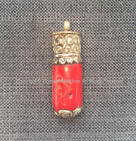 LARGE Ethnic Tribal Tibetan Coral Stick Pendant with Tibetan Silver Repousse Floral Repousse Caps - Handmade Red Coral Pendant - WM7445A