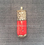 LARGE Ethnic Tribal Tibetan Coral Stick Pendant with Tibetan Silver Repousse Floral Repousse Caps - Handmade Red Coral Pendant - WM7445A