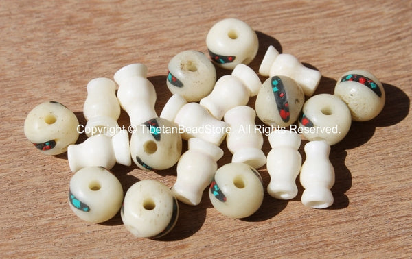 2 SETS Tibetan Inlaid White Bone Guru Bead Sets - Tibetan White Bone Guru Beads with Turquoise, Coral Inlays - Mala Making Supply - GB8-2