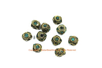 2 BEADS Ethnic Nepal Tibetan Turquoise & Brass Inlay Beads - Handmade Nepal Tibetan Box Shaped Beads - TibetanBeadStore - B3456-2