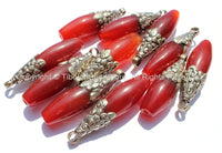 LARGE Tibetan Carnelian Pendant with Repousse Tibetan Silver Floral Caps - Handmade in Nepal - Large Carnelian Pendant - WM6082