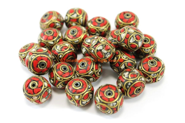 2 BEADS Tibetan Floral Beads with White Howlite & Coral Inlays - Thick Roundelle Rondelle Beads - Ethnic Nepal Tibetan Beads - B3333-2