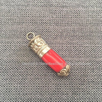 Ethnic Tribal Tibetan Coral Stick Pendant with Tibetan Silver Repousse Floral Repousse Caps - 13mm x 51mm - Red Coral Pendant - WM7445D