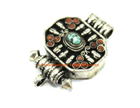 Tibetan Ghau Amulet Prayer Box Pendant with Turquoise & Coral Inlays - 1 PENDANT - 25mm x 40mm - Handmade Ethnic Tibetan Jewelry - WM7703