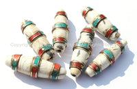 Ethnic Tibetan Naga Conch Shell Large Long Thick Bead with Brass Bands, Turquoise & Coral Inlays - 1 bead - B1877-1