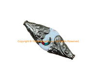 Ethnic Tribal Naga Conch Shell Tibetan Bead with Turquoise, Coral Inlays & Repousse Floral Metal Caps - 1 BEAD - B3500-1