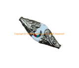 Ethnic Tribal Naga Conch Shell Tibetan Bead with Turquoise, Coral Inlays & Repousse Floral Metal Caps - 1 BEAD - B3500-1