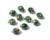 10 BEADS - Small Green JadeTibetan Beads with Brass Caps - Handmade Tibetan Beads, Pendants, Jewelry - TibetanBeadStore - B2488-10