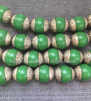 2 BEADS Beautiful Big Green Resin Tibetan Beads with Repousse Carved Floral Tibetan Silver Caps - Green Beads Focal Tibetan Beads - B3253-2