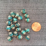 2 BEADS - Tibetan Blue Beads with Repousse Floral Tibetan Silver Caps 8mm - Handmade Tibetan Jewelry & Beads by TibetanBeadStore - B3452-2