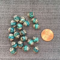 4 BEADS - Tibetan Blue Beads with Repousse Floral Tibetan Silver Caps 8mm - Handmade Tibetan Jewelry & Beads by TibetanBeadStore - B3452-4