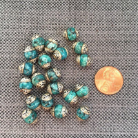 10 BEADS - Tibetan Blue Beads with Repousse Floral Tibetan Silver Caps 8mm - Handmade Tibetan Jewelry & Beads by TibetanBeadStore - B3452-10