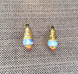 2 CHARMS Ethnic Tribal Tibetan Milky Opalite Drop Charm Pendant with Brass Caps - Small Opalite Drops Handmade Tibetan Jewelry - WM7805B-2