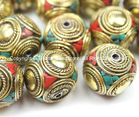 2 BEADS LARGE BIG Nepal Tibetan Beads- Brass Cube Box Shape Beads - Brass, Turquoise, Coral Inlays- TibetanBeadStore Tibetan Beads - B2773-2