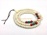 Ethnic Tibetan Natural Freshwater Pearl Mala Prayer Beads with Metal Ring, Turquoise & Coral Colored Glass Spacers - Buddhist Malas - PB204