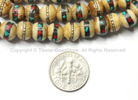 108 beads - 8mm Tibetan Antiqued Bone Mala Prayer Beads with Brass, Turquoise & Coral Inlay - Tibetan Beads - Mala Making Supply - PB21