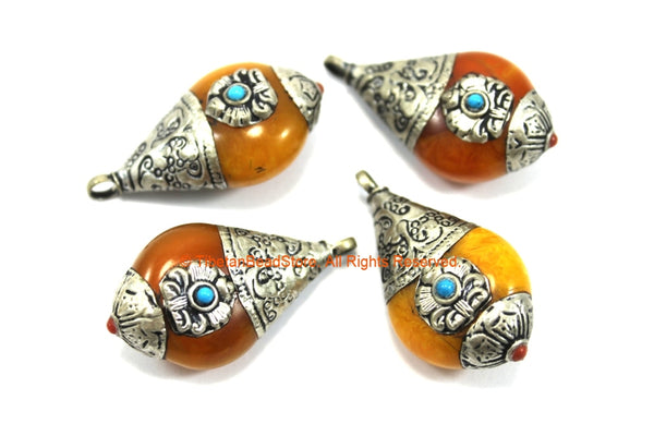 Reversible Tibetan Amber Copal Resin Teardrop Shape Charm Pendant with Floral Design Tibetan Silver Caps - Tibetan Jewelry - WM4695