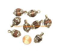 Old Carnelian Melon-Shaped Ethnic Tibetan Charm Pendant with Tibetan Silver Wire Inlay & Repousse Floral Caps - WM7985A