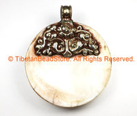 LARGE Antiqued Look Tribal Tibetan Naga Conch Shell Disc Pendant with Repousse Tibetan Silver Phoenix Bird & Lotus Floral Details - WM7189