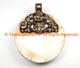LARGE Antiqued Look Tribal Tibetan Naga Conch Shell Disc Pendant with Repousse Tibetan Silver Phoenix Bird & Lotus Floral Details - WM7189