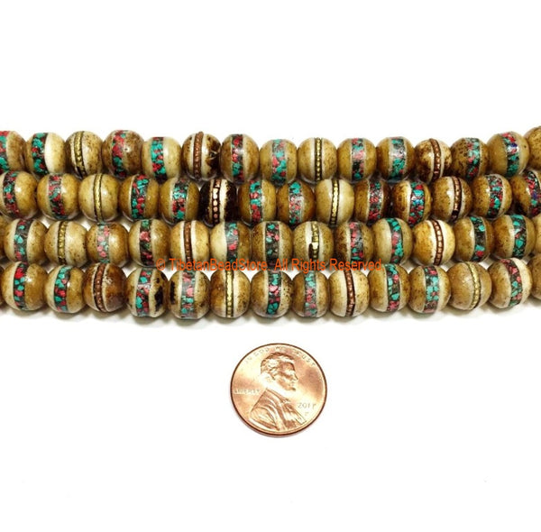 10 BEADS - 9-10mm Tibetan Antiqued Bone Beads with Brass, Turquoise & Coral Inlays - Tibetan Beads - Mala Making Supply - LPB91-10