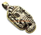 Unique Ethnic Carved Bone Ganesha Pendant with Repousse Carved Silver Plated Brass Floral Edging & Lotus Details on Reverse Side - WM7405