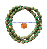 2 BEADS Tibetan Barrel Shape Beads with Brass, Turquoise Inlays - Ethnic Nepal Tibetan Beads - B3521-2