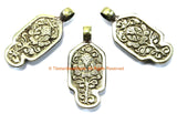 Unique Ethnic Carved Bone Ganesha Pendant with Repousse Carved Silver Plated Brass Floral Edging & Lotus Details on Reverse Side - WM7405