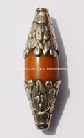 Amber Copal Resin Bicone Beads with Repousse Tibetan Silver Caps - 1 Bead - Tibetan Ethnic Handmade Beads - B1978-1