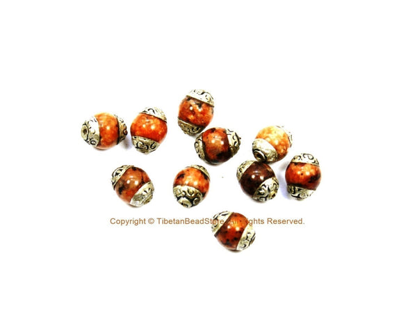 4 BEADS Small Orange Agate Beads with Tibetan Silver Caps - Tibetan Beads Gemstone Beads - Handmade Beads - TibetanBeadStore - B3450-4