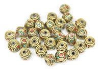 10 BEADS Ethnic Tibetan Beads with Brass, Turquoise, Coral Inlays - TibetanBeadStore - Brass Inlay Beads Nepal Tibetan Beads B2768-10