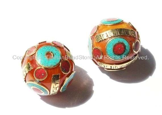 2 Beads - Large Oval Shape Tibetan Om Mani Mantra Honey Amber Copal Resin Beads - Large Amber Om Mantra Beads - B1023-2