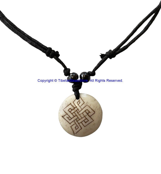Handmade Tibetan Endless Knot Design Bone Pendant Necklace on Adjustable Cord - Boho Yoga Jewelry - HC166Y