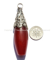 LARGE Tibetan Carnelian Pendant with Repousse Tibetan Silver Floral Caps - Handmade in Nepal - Large Carnelian Pendant - WM6082