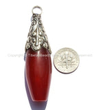 LARGE Tibetan Carnelian Pendant with Repousse Tibetan Silver Floral Caps - Handmade in Nepal - Large Carnelian Pendant - WM6082