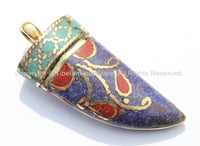 Tibetan Horn Tusk Amulet Pendant with Brass, Turquoise, Lapis & Coral Inlays - Boho Tribal Ethnic Tibetan Nepalese Horn Amulet - WM5032
