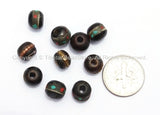 10 BEADS 8mm Size Black Bone Inlaid Tibetan Beads with Turquoise & Coral Inlays - LPB10S