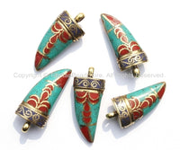 Tibetan Horn Tusk Amulet Pendant with Brass, Turquoise, Lapis & Copal Coral Inlays - Boho Tribal Ethnic Tibetan Horn Amulet - WM5042