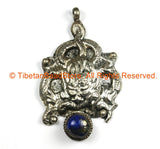 Ethnic Tribal Antique Look Repousse Tibetan Dragon Pendant with Lapis Inlay - TibetanBeadStore - Handmade - Unisex Jewelry - WM7225