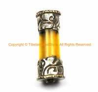 1 BEAD Tibetan Amber Resin Bead with Antiqued Repousse Tibetan Silver Caps - Ethnic Nepal Tibetan Tribal Amber Barrel Beads - B3081