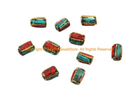 10 BEADS - Handmade Ethnic Nepal Tibetan Beads with Brass, Turquoise, Coral Inlays - B3527-10