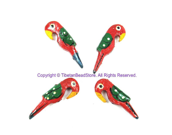 4 BEADS Handmade Red Parrot Beads - Handmade Bird Beads - Wooden Parrot Bird Handmade Painted Beads - B3231-4