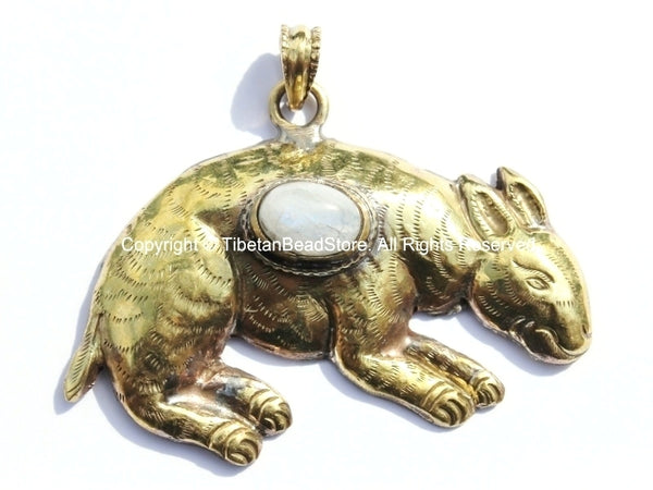 Large Tibetan Brass Animal Pendant with Moonstone Gemstone Inlay - Brass Repousse Animal - Tibetan Jewelry - Tibetan Pendant - WM5395