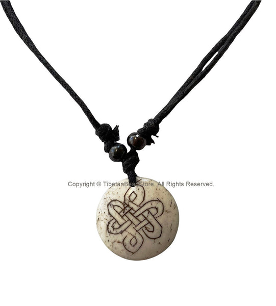 Handmade Tibetan Endless Knot Design Bone Pendant on Adjustable Cord - Yoga Jewelry - HC166AC
