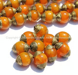 10 BEADS - Tibetan Amber Color Resin Beads with Brass Caps - Ethnic Tribal Tibetan Beads - B2135-10
