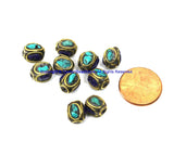 10 BEADS - Ethnic Nepalese Tibetan Handmade Inlay Brass, Turquoise, Lapis Beads - B3518-10