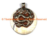LARGE Ethnic Antiqued Look Tribal Tibetan Naga Conch Shell Disc Pendant with Repousse Tibetan Silver Dragon & Lotus Floral Details - WM7259