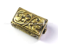Repousse Carved Brass Rectangular Box-Shaped Tibetan Bead with Bug Beetle & Floral Details - 1 Bead - Handmade Tibetan Pendant Beads - B2439